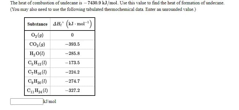 The heat of combustion of undecane is – 7430.9 kJ/mol. Use this value to find the heat of formation of undecane.
(You may also need to use the following tabulated thermochemical data. Enter an unrounded value.)
Substance AH° (kJ - mol)
02 (9)
Co, (9)
-393.5
H,O(1)
-285.8
C;H12(1)
-173.5
C,H16 (1)
-224.2
C3H20 (1)
-274.7
C1H24 (1)
-327.2
kJ/mol
