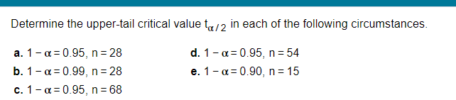 Determine the upper-tail critical value ta/2 in each of the following circumstances.
d. 1-α=0.95, n= 54
e. 1-a = 0.90, n = 15
a. 1-α 0.95, n - 28
b. 1-a= 0.99, n= 28
c. 1-a=0.95, n = 68
