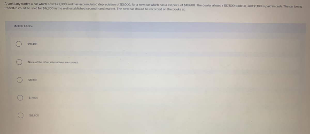 A company trades a car which cost $22,000 and has accumulated depreciation of $3,000, for a new car which has a list price of $18,600. The dealer allows a $17,500 trade-in, and $1,100 is paid in cash. The car being
traded-in could be sold for $17,300 in the well established second-hand market. The new car should be recorded on the books at:
Multiple Choice
$18.400
None of the other alternatives are correct
$18,100
$17,000
$18,600