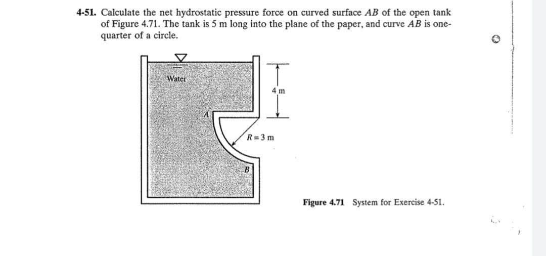 4-51. Calculate the net hydrostatic pressure force on curved surface AB of the open tank
of Figure 4.71. The tank is 5 m long into the plane of the paper, and curve AB is one-
quarter of a circle.
Water
4 m
R 3 m
Figure 4.71 System for Exercise 4-51.
