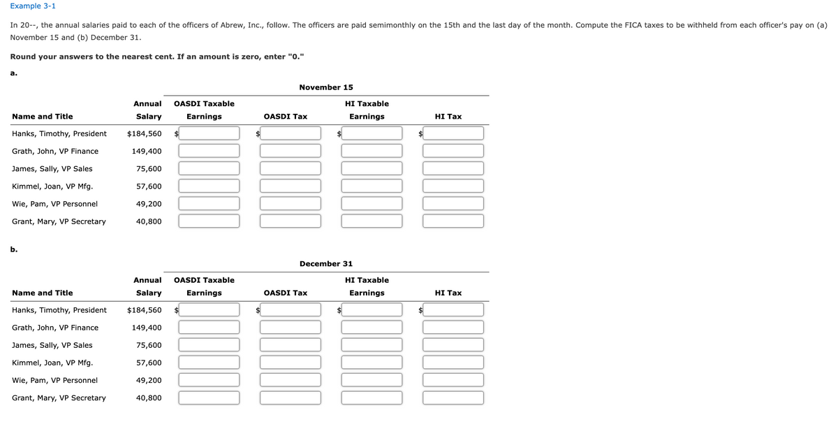 Example 3-1
In 20--, the annual salaries paid to each of the officers of Abrew, Inc., follow. The officers are paid semimonthly on the 15th and the last day of the month. Compute the FICA taxes to be withheld from each officer's pay on (a)
November 15 and (b) December 31.
Round your answers to the nearest cent. If an amount is zero, enter "0."
a.
Name and Title
Hanks, Timothy, President
Grath, John, VP Finance
James, Sally, VP Sales
Kimmel, Joan, VP Mfg.
Wie, Pam, VP Personnel
Grant, Mary, VP Secretary
b.
Name and Title
Hanks, Timothy, President
Grath, John, VP Finance
James, Sally, VP Sales
Kimmel, Joan, VP Mfg.
Wie, Pam, VP Personnel
Grant, Mary, VP Secretary
Annual
Salary
$184,560 $
149,400
75,600
57,600
49,200
40,800
Annual
Salary
$184,560
149,400
75,600
57,600
49,200
40,800
OASDI Taxable
Earnings
OASDI Taxable
$
Earnings
$
$
November 15
OASDI Tax
December 31
OASDI Tax
HI Taxable
Earnings
$
HI Taxable
Earnings
$
HI Tax
HI Tax