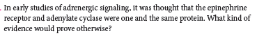 In early studies of adrenergic signaling, it was thought that the epinephrine
receptor and adenylate cyclase were one and the same protein. What kind of
evidence would prove otherwise?
