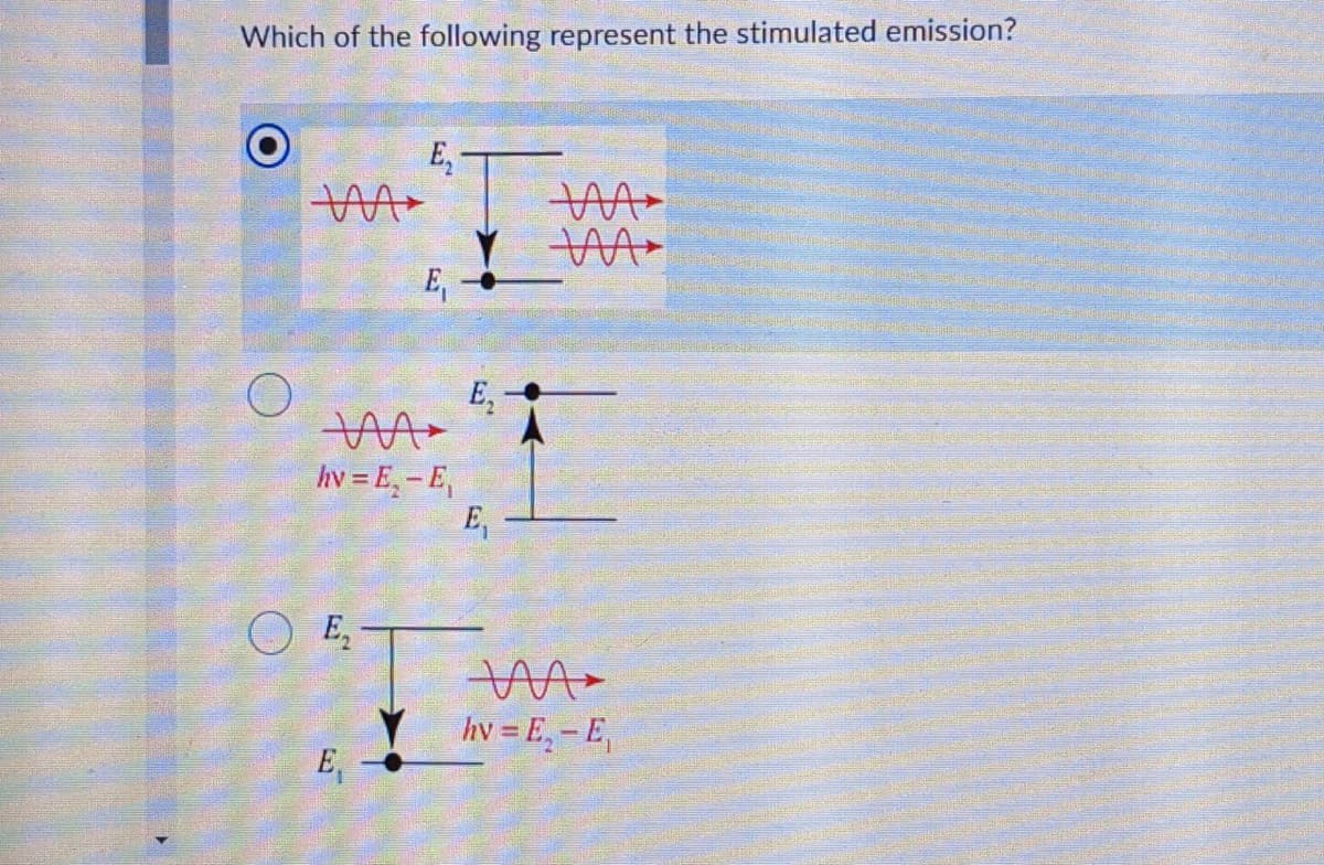 Which of the following represent the stimulated emission?
E,
E,
hv = E,-E,
E,
O E,
hv = E, - E,
E,
