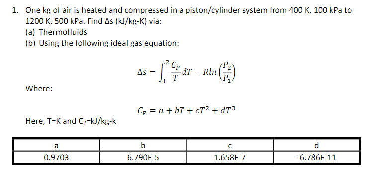 1. One kg of air is heated and compressed in a piston/cylinder system from 400 K, 100 kPa to
1200 K, 500 kPa. Find As (kJ/kg-K) via:
(a) Thermofluids
(b) Using the following ideal gas equation:
Where:
Here, T-K and Cp=kJ/kg-k
a
0.9703
As =
2
[/dT - Rin (2)
1
Cp = a +bT + cT² + dT³
b
6.790E-5
с
1.658E-7
d
-6.786E-11