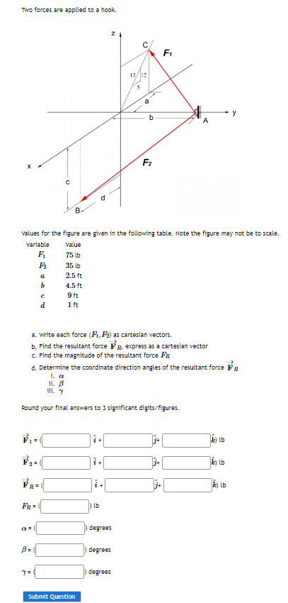 Two forces are applied to a hook.
Variable
F₁₂
Ą
a
b
FR=
d
FR=(
Q=
B.
values for the figure are given in the following table. Note the figure may not be to scale.
value
75 lb
35 lb
2.5 ft
B=
Y =
4.5 ft
9 ft
1 ft
Z
a. write each force (F₁,F) as cartesian vectors.
b. Find the resultant force FR express as a cartesian vector
c. Find the magnitude of the resultant force FR
i. a
ii. B
iii. Y
Round your final answers to 3 significant digits/figures.
Submit Question
→
d. Determine the coordinate direction angles of the resultant force FR
lb
13/12
a
degrees
F₂
degrees
F₁
degrees
A
A) lb
y
e) lb
Alb