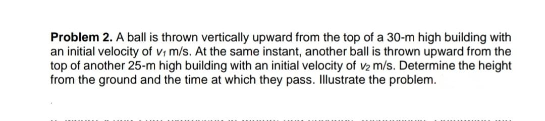 Problem 2. A ball is thrown vertically upward from the top of a 30-m high building with
an initial velocity of v, m/s. At the same instant, another ball is thrown upward from the
top of another 25-m high building with an initial velocity of v2 m/s. Determine the height
from the ground and the time at which they pass. Illustrate the problem.
