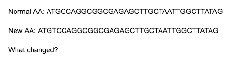 Normal AA: ATGCCAGGCGGCGAGAGCTTGCTAATTGGCTTATAG
New AA: ATGTCCAGGCGGCGAGAGCTTGCTAATTGGCTTATAG
What changed?
