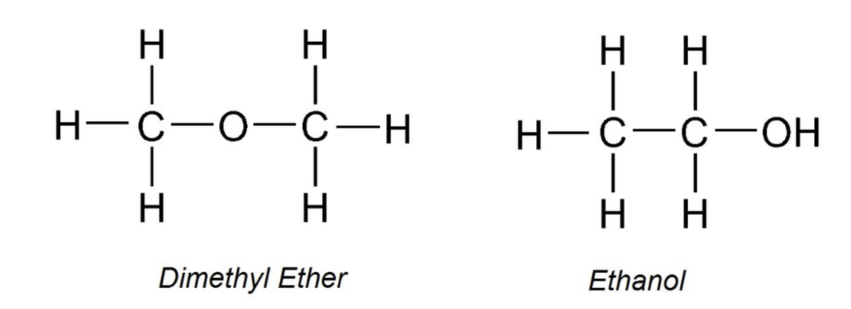 H.
|
H-C-O-C-H
H.
н
H.
H-C-C-OH
|
н
Dimethyl Ether
Ethanol
