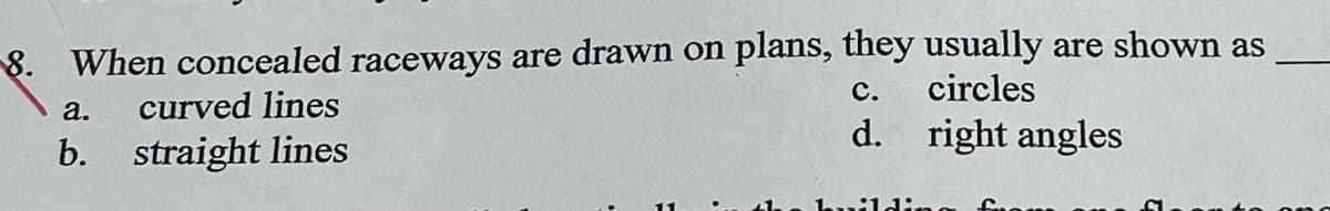 8. When concealed raceways are drawn on plans, they usually are shown as
C.
circles
d. right angles
a.
curved lines
b. straight lines
buil
