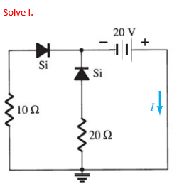 Solve I.
20 V
+
Si
A Si
10Ω
20Ω
