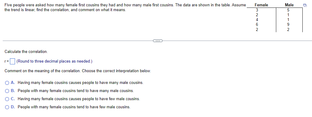 Five people were asked how many female first cousins they had and how many male first cousins. The data are shown in the table. Assume
the trend is linear, find the correlation, and comment on what it means.
Calculate the correlation.
r = (Round to three decimal places as needed.)
Comment on the meaning of the correlation. Choose the correct interpretation below.
○ A. Having many female cousins causes people to have many male cousins.
○ B. People with many female cousins tend to have many male cousins.
○ C. Having many female cousins causes people to have few male cousins.
OD. People with many female cousins tend to have few male cousins.
Female
Male
3
5
2
1
4
1
6
9
2
2