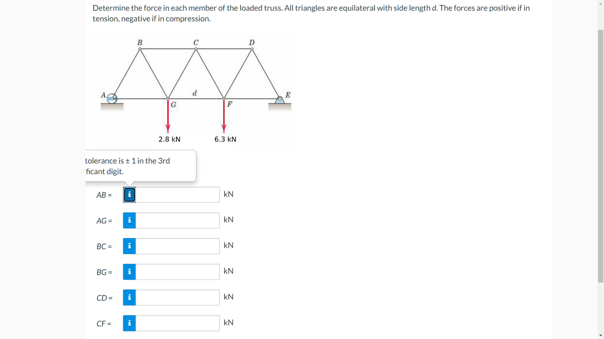 Determine the force in each member of the loaded truss. All triangles are equilateral with side length d. The forces are positive if in
tension, negative if in compression.
AB=
tolerance is ± 1 in the 3rd
ficant digit.
AG =
BC =
BG=
CD =
CF =
i
i
i
i
i
B
i
G
2.8 KN
d
F
6.3 KN
3 3 3 3 3 3
KN
KN
KN
kN
kN
D
E