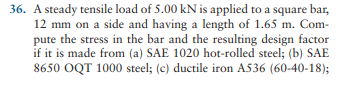 36. A steady tensile load of 5.00 kN is applied to a square bar,
12 mm on a side and having a length of 1.65 m. Com-
pute the stress in the bar and the resulting design factor
if it is made from (a) SAE 1020 hot-rolled steel; (b) SAE
8650 OQT 1000 steel; (c) ductile iron A536 (60-40-18);
