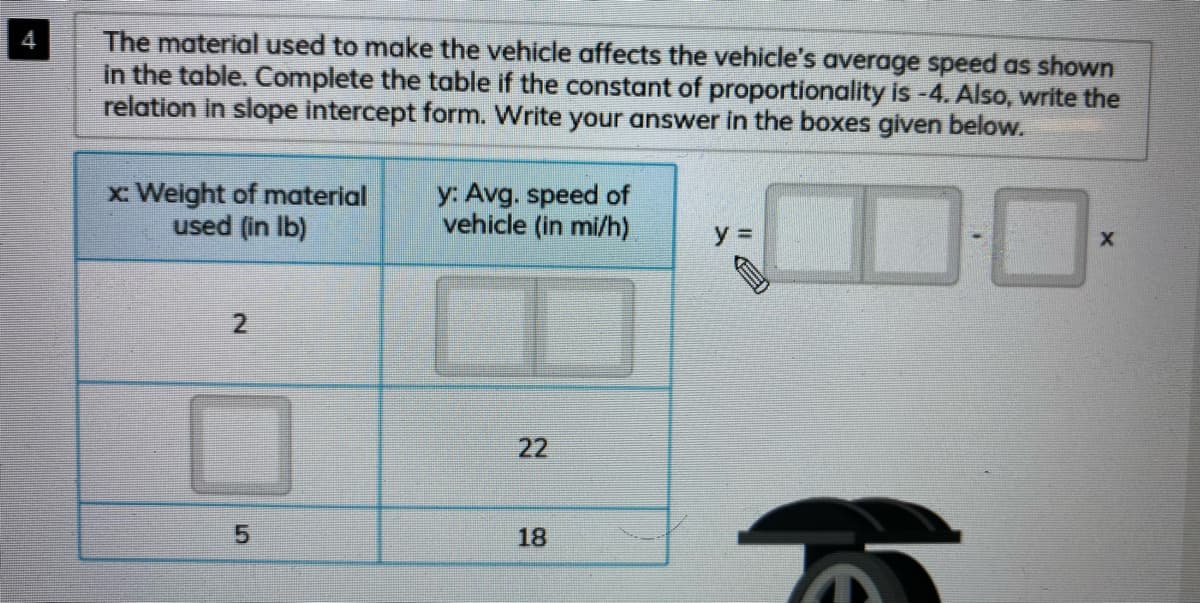 The material used to make the vehicle affects the vehicle's average speed as shown
in the table. Complete the table if the constant of proportionality is -4. Also, write the
relation in slope intercept form. Write your answer in the boxes given below.
x: Weight of material
used (in Ib)
y: Avg. speed of
vehicle (in mi/h)
y 3D
18
22
5,
