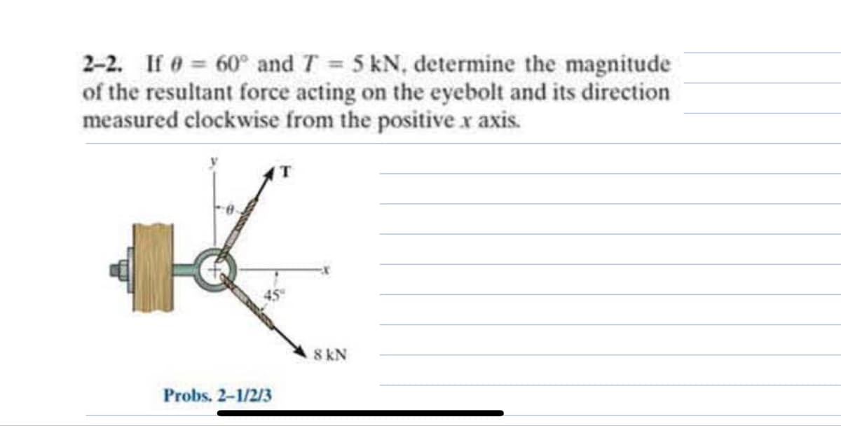 2-2. If = 60° and T = 5 kN, determine the magnitude
of the resultant force acting on the eyebolt and its direction
measured clockwise from the positive x axis.
Probs. 2-1/2/3
8 kN