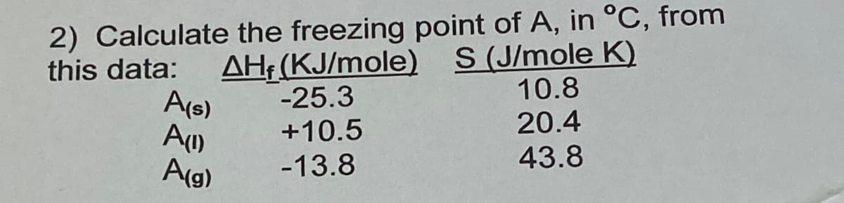 2) Calculate the freezing point of A, in °C, from
this data:
AH: (KJ/mole) S (J/mole K)
A(s)
-25.3
10.8
20.4
+10.5
-13.8
43.8
A(g)
