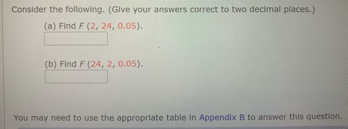 Consider the following. (Give your answers correct to two decimal places.)
(a) Find F (2, 24, 0.05).
(b) Find F (24, 2, 0.05).
You may need to use the appropriate table in Appendix B to answer this question.
