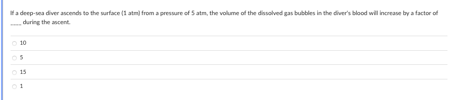 If a deep-sea diver ascends to the surface (1 atm) from a pressure of 5 atm, the volume of the dissolved gas bubbles in the diver's blood will increase by a factor of
during the ascent.
10
O 5
15
1
