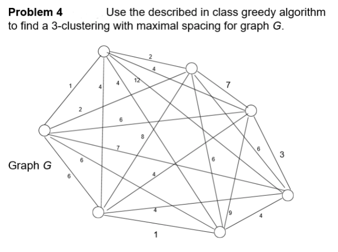 Problem 4
Use the described in class greedy algorithm
to find a 3-clustering with maximal spacing for graph G.
7
6
3
Graph G
19
1
