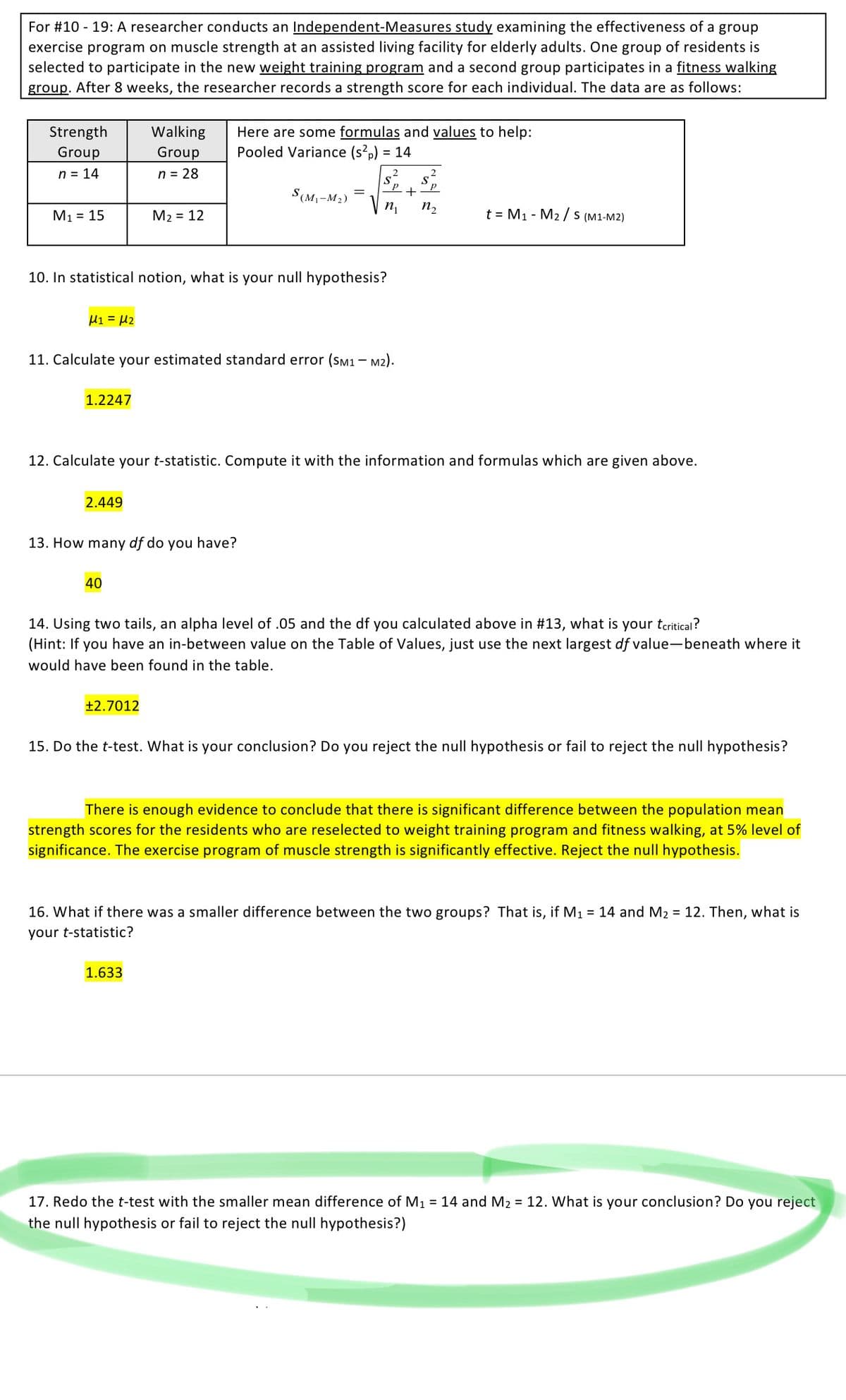 For #10 - 19: A researcher conducts an Independent-Measures study examining the effectiveness of a group
exercise program on muscle strength at an assisted living facility for elderly adults. One group of residents is
selected to participate in the new weight training program and a second group participates in a fitness walking
group. After 8 weeks, the researcher records a strength score for each individual. The data are as follows:
Strength
Walking
Here are some formulas and values to help:
Pooled Variance (s?,) = 14
Group
Group
n = 14
n = 28
2
d.
S(M,-M2)
M1 = 15
M2 = 12
n,
n2
t = M1 - M2 / S (M1-M2)
10. In statistical notion, what is your null hypothesis?
µ1 = µ2
11. Calculate your estimated standard error (SM1- M2).
1.2247
12. Calculate your t-statistic. Compute it with the information and formulas which are given above.
2.449
13. How many df do you have?
40
14. Using two tails, an alpha level of .05 and the df you calculated above in #13, what is your tcritical?
(Hint: If you have an in-between value on the Table of Values, just use the next largest df value-beneath where it
would have been found in the table.
+2.7012
15. Do the t-test. What is your conclusion? Do you reject the null hypothesis or fail to reject the null hypothesis?
There is enough evidence to conclude that there is significant difference between the population mean
strength scores for the residents who are reselected to weight training program and fitness walking, at 5% level of
significance. The exercise program of muscle strength is significantly effective. Reject the null hypothesis.
16. What if there was a smaller difference between the two groups? That is, if M1 = 14 and M2 = 12. Then, what is
your t-statistic?
1.633
17. Redo the t-test with the smaller mean difference of M1 = 14 and M2 = 12. What is your conclusion? Do you reject
the null hypothesis or fail to reject the null hypothesis?)
