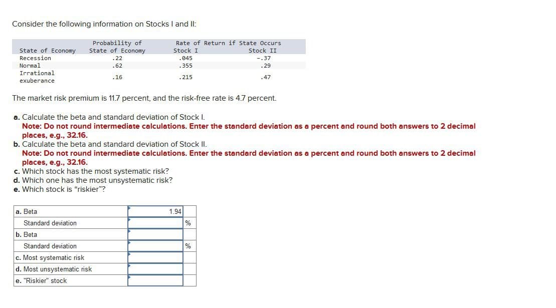 Consider the following information on Stocks I and II:
Probability of
State of Economy State of Economy
Rate of Return if State Occurs
Stock I
Stock II
Recession
.22
.045
-.37
Normal
.62
.355
.29
Irrational
.16
exuberance
.215
.47
The market risk premium is 11.7 percent, and the risk-free rate is 4.7 percent.
a. Calculate the beta and standard deviation of Stock I.
Note: Do not round intermediate calculations. Enter the standard deviation as a percent and round both answers to 2 decimal
places, e.g., 32.16.
b. Calculate the beta and standard deviation of Stock II.
Note: Do not round intermediate calculations. Enter the standard deviation as a percent and round both answers to 2 decimal
places, e.g., 32.16.
c. Which stock has the most systematic risk?
d. Which one has the most unsystematic risk?
e. Which stock is "riskier"?
a. Beta
Standard deviation
b. Beta
Standard deviation
c. Most systematic risk
d. Most unsystematic risk
e. "Riskier" stock
1.94
%
%