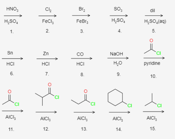 HNO,
Br2
sO3
dil
H,SO,
FeCl,
FeBr3
H,SO,
H,SO,(aq)
1.
2.
3.
4.
Sn
Zn
CO
NaOH
HCI
HCI
HCI
H,0
pyridine
6.
7.
8.
9.
10.
CI
AICI,
AICI3
AICI,
AICI,
AICI,
11.
12.
13.
14.
15.
5.
