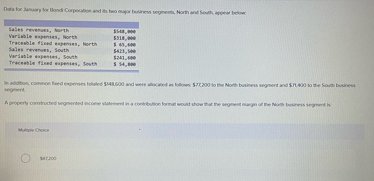 Data for January for Bondi Corporation and its two major business segments, North and South, appear below:
Sales revenues, North
Variable expenses, North
Traceable fixed expenses, North
Sales revenues, South
Variable expenses, South
Traceable fixed expenses, South
$548,000
$318,000
$ 65,600
$423,500
$241,600
$ 54,800
In addition, common fixed expenses totaled $148,600 and were allocated as follows: $77,200 to the North business segment and $71,400 to the South business
segment.
A properly constructed segmented income statement in a contribution format would show that the segment margin of the North business segment is:
Multiple Choice
$87,200
