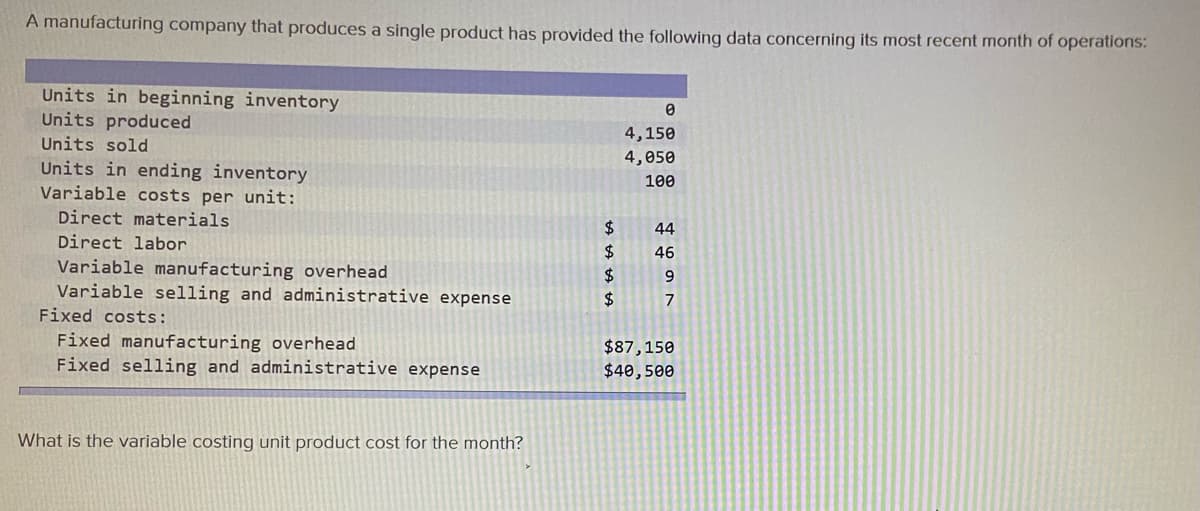 A manufacturing company that produces a single product has provided the following data concerning its most recent month of operations:
Units in beginning inventory
Units produced
4,150
Units sold
4,050
Units in ending inventory
Variable costs per unit:
100
Direct materials
2$
2$
44
Direct labor
46
Variable manufacturing overhead
Variable selling and administrative expense
2$
9
$4
7
Fixed costs:
Fixed manufacturing overhead
Fixed selling and administrative expense
$87,150
$40,500
What is the variable costing unit product cost for the month?
