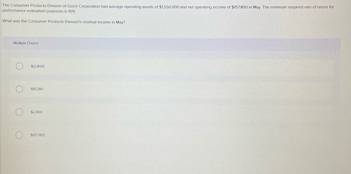 The Consumer Products Division of Goich Corporation had average operating assets of $1,550,000 and net operating income of $157,800 in May. The minimum required rate of return for
performance evaluation purposes is 10%.
What was the Consumer Products Division's residual income in May?
Multiple Choice
$(2,800)
$15,780
S2800
S(15,780)
