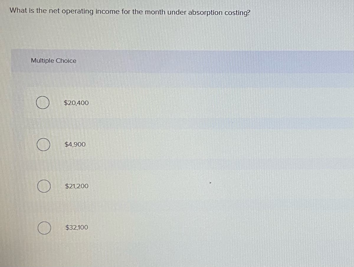 What is the net operating income for the month under absorption costing?
Multiple Choice
$20,400
$4,900
$21,200
$32,100
