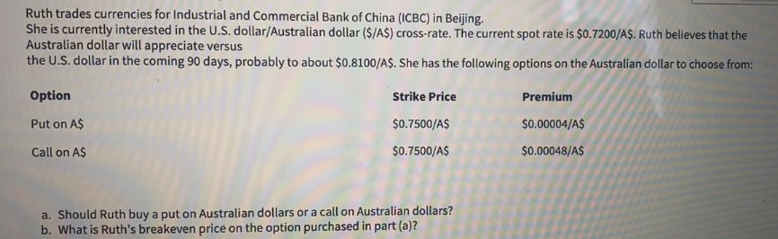 Ruth trades currencies for Industrial and Commercial Bank of China (ICBC) in Beijing.
She is currently interested in the U.S. dollar/Australian dollar ($/A$) cross-rate. The current spot rate is $0.7200/A$. Ruth believes that the
Australian dollar will appreciate versus
the U.S. dollar in the coming 90 days, probably to about $0.8100/A$. She has the following options on the Australian dollar to choose from:
Option
Put on A$
Call on A$
Strike Price
$0.7500/A$
$0.7500/A$
a. Should Ruth buy a put on Australian dollars or a call on Australian dollars?
b. What is Ruth's breakeven price on the option purchased in part (a)?
Premium
$0.00004/A$
$0.00048/A$