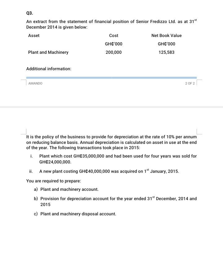 Q3.
An extract from the statement of financial position of Senior Fredizzo Ltd. as at 31t
December 2014 is given below:
Asset
Cost
Net Book Value
GHC'000
GHC'000
Plant and Machinery
200,000
125,583
Additional information:
AMANDO
2 OF 2
It is the policy of the business to provide for depreciation at the rate of 10% per annum
on reducing balance basis. Annual depreciation is calculated on asset in use at the end
of the year. The following transactions took place in 2015:
i. Plant which cost GHC35,000,000 and had been used for four years was sold for
GH¢24,000,000.
ii. A new plant costing GHC40,000,000 was acquired on 1s* January, 2015.
You are required to prepare:
a) Plant and machinery account.
b) Provision for depreciation account for the year ended 31" December, 2014 and
2015
c) Plant and machinery disposal account.
