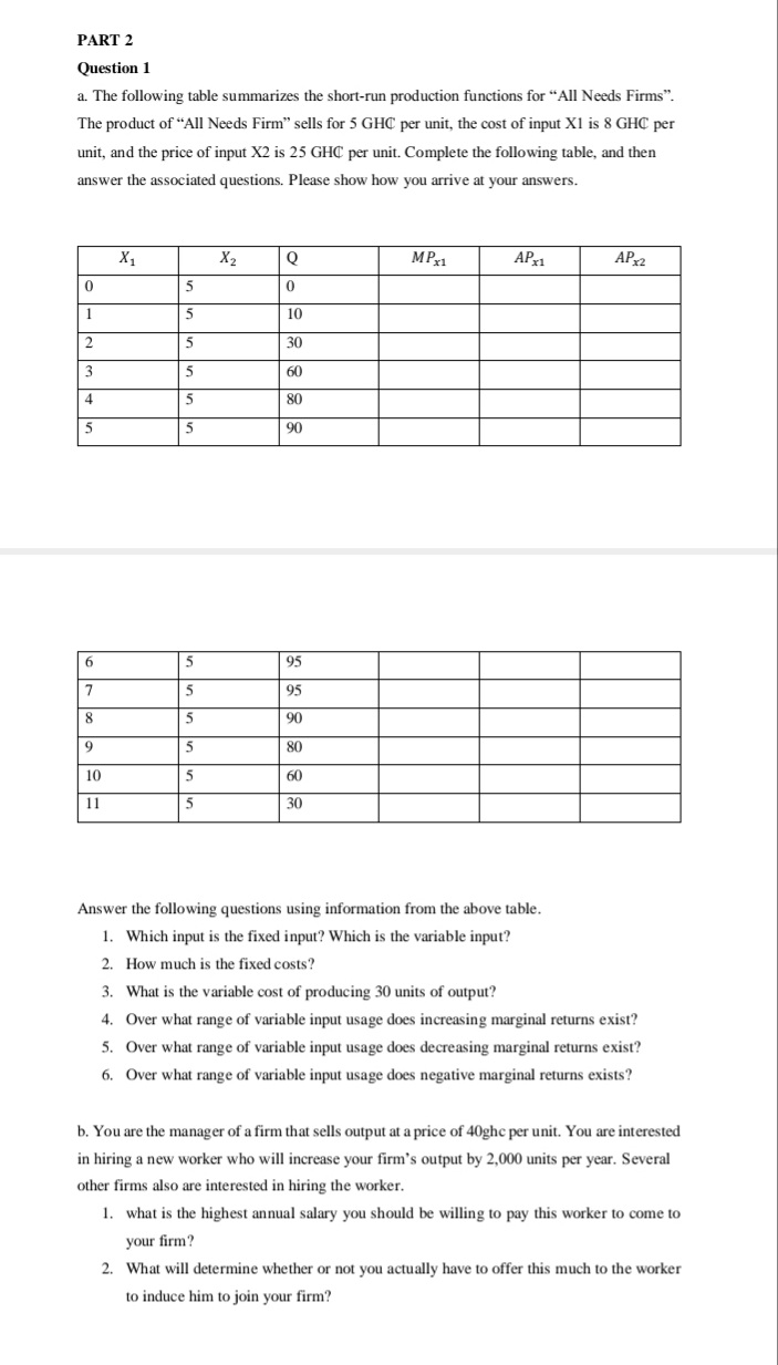 PART 2
Question 1
a. The following table summarizes the short-run production functions for "All Needs Firms".
The product of “All Needs Firm" sells for 5 GHC per unit, the cost of input X1 is 8 GHC per
unit, and the price of input X2 is 25 GHC per unit. Complete the following table, and then
answer the associated questions. Please show how you arrive at your answers.
X1
X2
Q
MPx1
APr1
AP2
1.
5
10
2
30
3
5
60
4
5
80
5
5
90
6
5
95
5
95
8
5
90
5
80
10
5
60
11
5
30
Answer the following questions using information from the above table.
1. Which input is the fixed input? Which is the variable input?
2. How much is the fixed costs?
3. What is the variable cost of producing 30 units of output?
4. Over what range of variable input usage does increasing marginal returns exist?
5. Over what range of variable input usage does decreasing marginal returns exist?
6. Over what range of variable input usage does negative marginal returns exists?
b. You are the manager of a firm that sells output at a price of 40ghc per unit. You are interested
in hiring a new worker who will increase your firm's output by 2,000 units per year. Several
other firms also are interested in hiring the worker.
1. what is the highest annual salary you should be willing to pay this worker to come to
your firm?
2. What will determine whether or not you actually have to offer this much to the worker
to induce him to join your firm?
