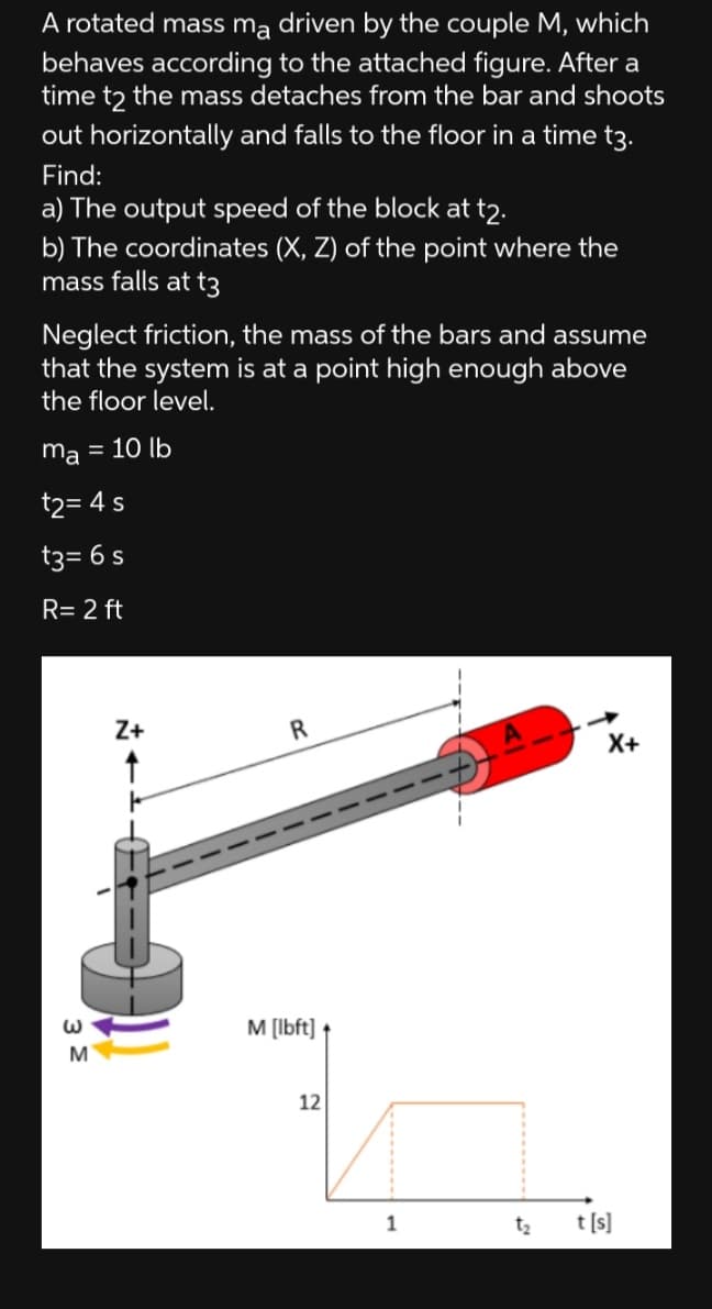 A rotated mass ma driven by the couple M, which
behaves according to the attached figure. After a
time to the mass detaches from the bar and shoots
out horizontally and falls to the floor in a time t3.
Find:
a) The output speed of the block at t2.
b) The coordinates (X, Z) of the point where the
mass falls at t3
Neglect friction, the mass of the bars and assume
that the system is at a point high enough above
the floor level.
ma = 10 lb
t2 = 4 s
t3 = 6 s
R= 2 ft
X+
W
M
Z+
R
M [lbft]
12
1
t₂ t [s]