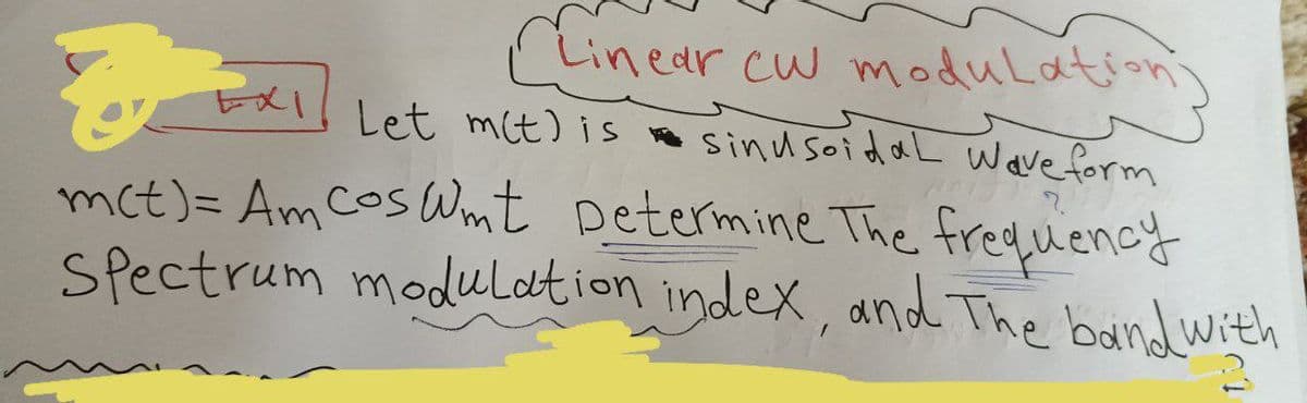 CLinear cu modulation)
Let m(t) is sinusoidal wave form
m(t) = Am cos Wmt Determine The frequency
Spectrum modulation index, and The band with
2