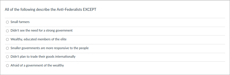 All of the following describe the Anti-Federalists EXCEPT
Small farmers
Didn't see the need for a strong government
Wealthy, educated members of the elite
Smaller governments are more responsive to the people
Didn't plan to trade their goods internationally
O Afraid of a government of the wealthy
