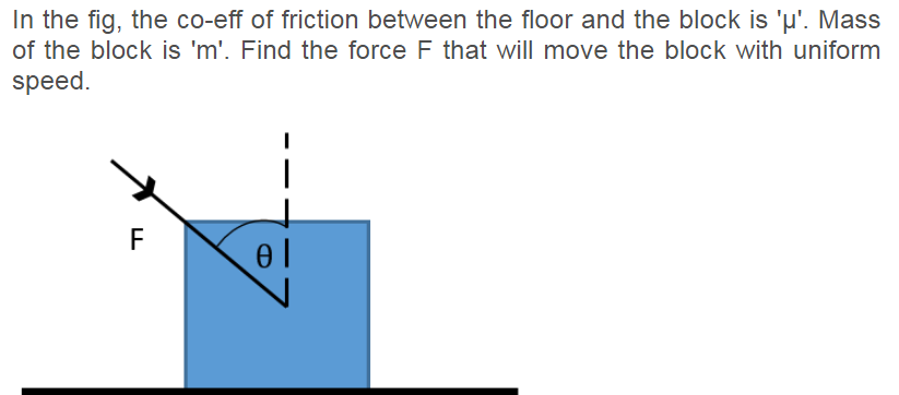 In the fig, the co-eff of friction between the floor and the block is 'u'. Mass
of the block is 'm'. Find the force F that will move the block with uniform
speed.
F
