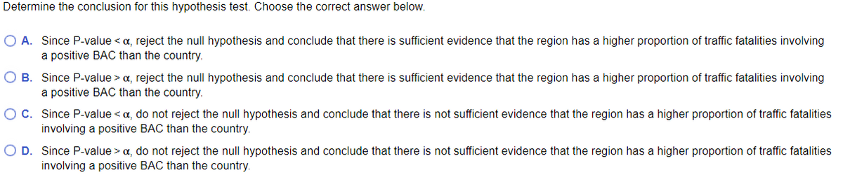 Determine the conclusion for this hypothesis test. Choose the correct answer below.
O A. Since P-value < a, reject the null hypothesis and conclude that there is sufficient evidence that the region has a higher proportion of traffic fatalities involving
a positive BAC than the country.
O B. Since P-value > a, reject the null hypothesis and conclude that there is sufficient evidence that the region has a higher proportion of traffic fatalities involving
a positive BAC than the country.
O C. Since P-value < a, do not reject the null hypothesis and conclude that there is not sufficient evidence that the region has a higher proportion of traffic fatalities
involving a positive BAC than the country.
O D. Since P-value > a, do not reject the null hypothesis and conclude that there is not sufficient evidence that the region has a higher proportion of traffic fatalities
involving a positive BAC than the country.
