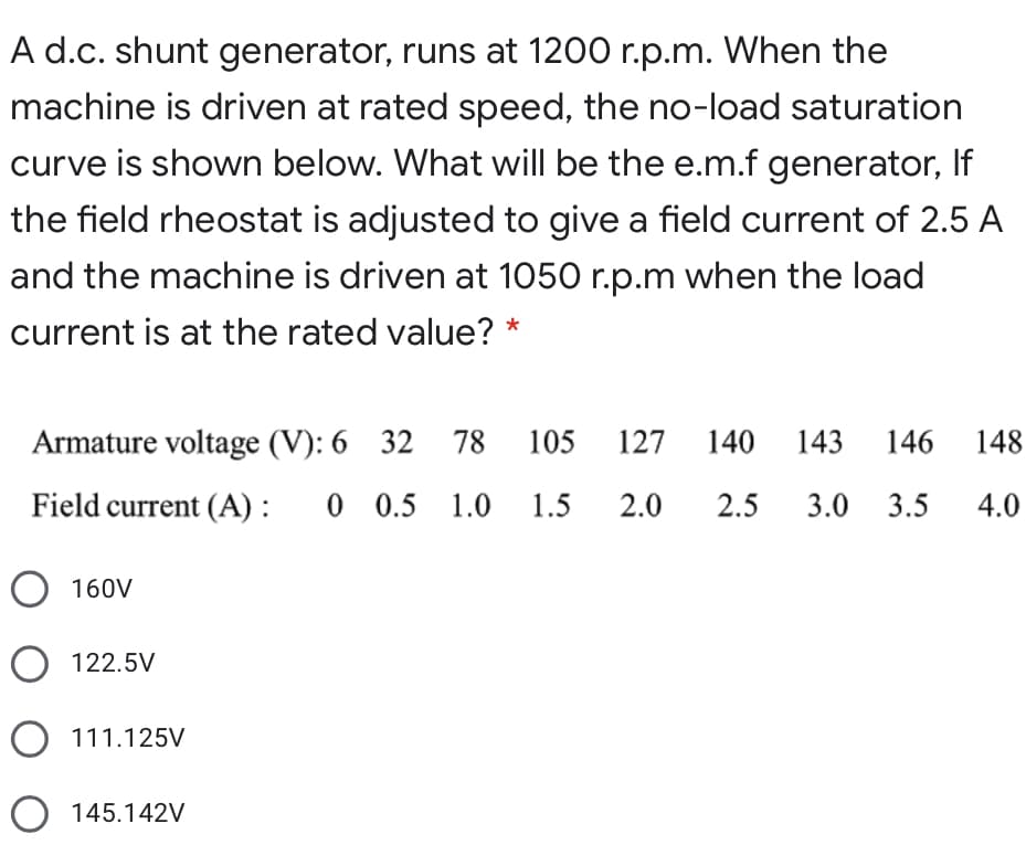 A d.c. shunt generator, runs at 1200 r.p.m. When the
machine is driven at rated speed, the no-load saturation
curve is shown below. What will be the e.m.f generator, If
the field rheostat is adjusted to give a field current of 2.5 A
and the machine is driven at 1050 r.p.m when the load
current is at the rated value? *
Armature voltage (V): 6 32
78
105
127
140
143
146
148
Field current (A) :
0 0.5 1.0 1.5
2.0
2.5
3.0 3.5
4.0
O 160V
122.5V
111.125V
O 145.142V
