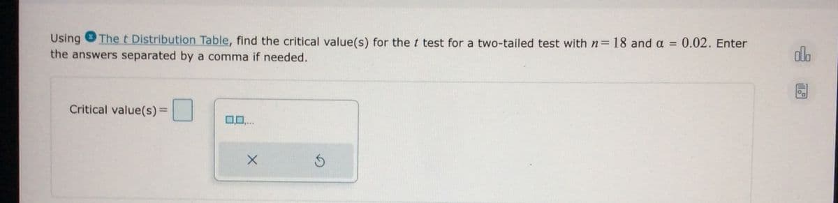 Using The t Distribution Table, find the critical value(s) for the t test for a two-tailed test with n= 18 and a
the answers separated by a comma if needed.
0.02. Enter
%3D
alo
Critical value(s)=
