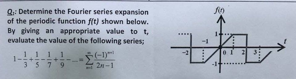 Q₁: Determine the Fourier series expansion
of the periodic function f(t) shown below.
By giving an appropriate value to t,
evaluate the value of the following series;
1 1 1 1
3
5
7 9
(−1)”+¹)
2n-1
fot
^
1+...
-1
WA
2
01
-2
3
t