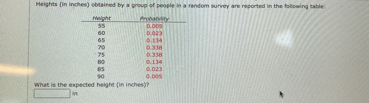 Heights (in inches) obtained by a group of people in a random survey are reported in the following table:
Height
55
60
65
Probability
0.005
0,023
0.134
0.338
0.338
0.134
70
75
80
0.023
0.005
85
90
What is the expected height (in inches)?
in
