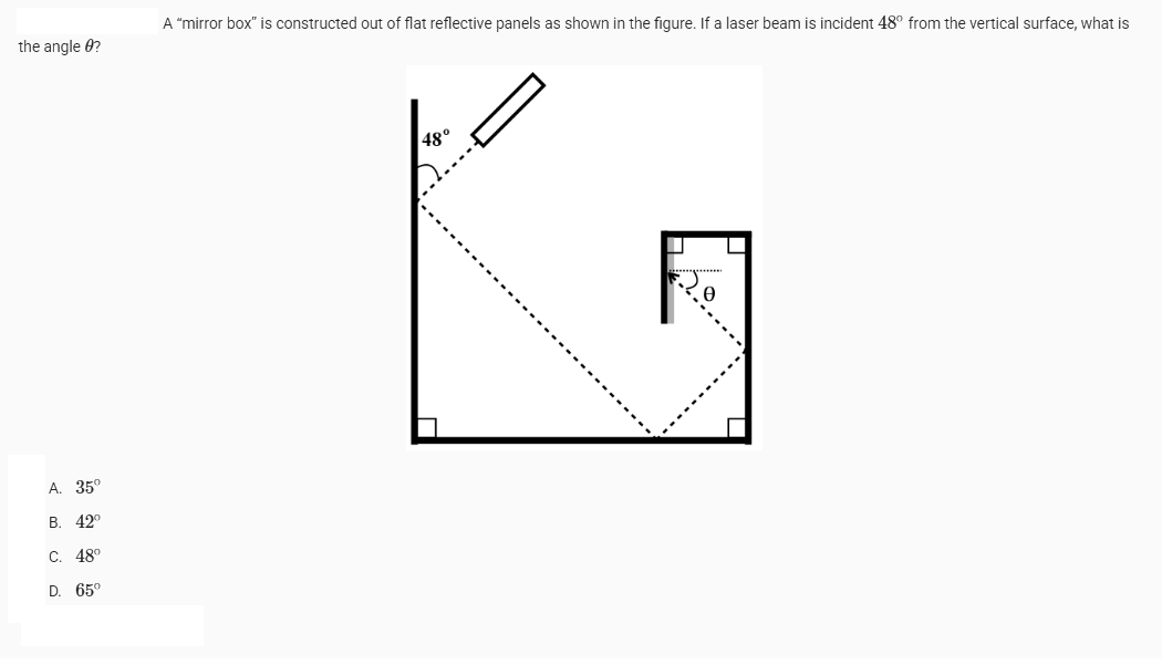 the angle ?
A. 35°
B. 42°
C. 48°
D. 65°
A "mirror box" is constructed out of flat reflective panels as shown in the figure. If a laser beam is incident 48° from the vertical surface, what is
48°