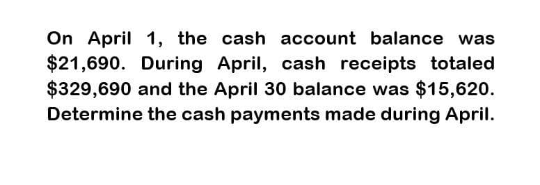 On April 1, the cash account balance was
$21,690. During April, cash receipts totaled
$329,690 and the April 30 balance was $15,620.
Determine the cash payments made during April.