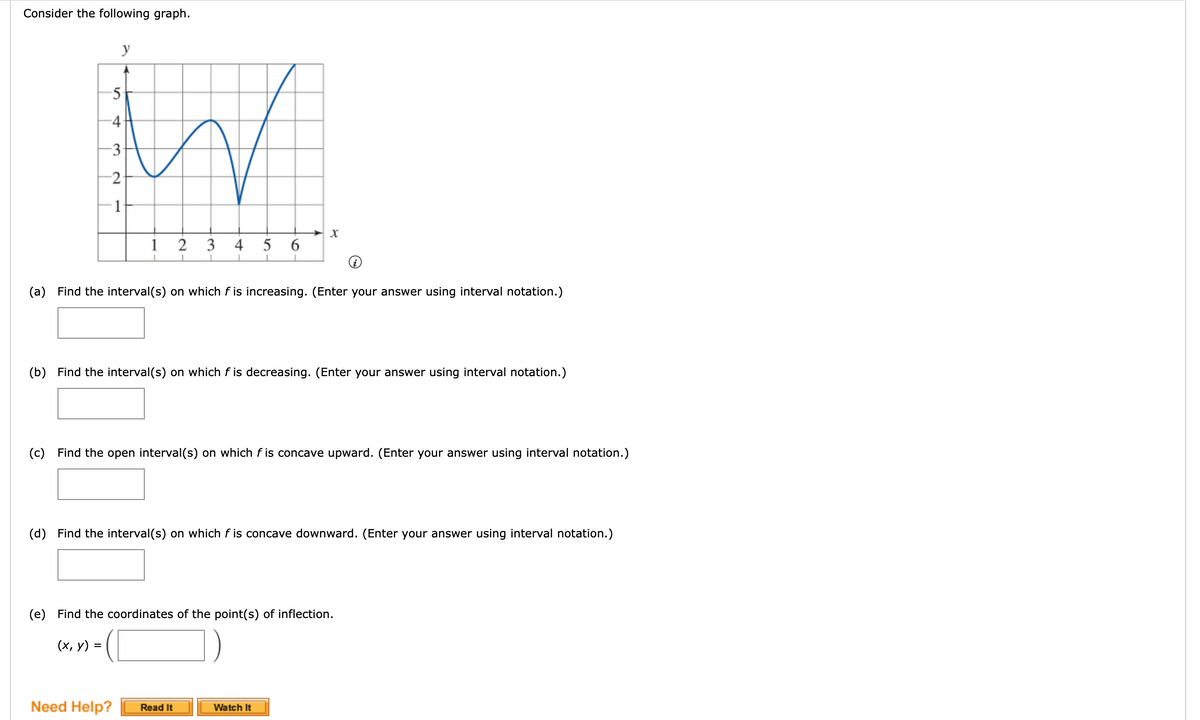 Consider the following graph.
y
-3
-2
1
1
2
3
4
5 6
(a) Find the interval(s) on which f is increasing. (Enter your answer using interval notation.)
(b) Find the interval(s) on which f is decreasing. (Enter your answer using interval notation.)
(c) Find the open interval(s) on which fis concave upward. (Enter your answer using interval notation.)
(d) Find the interval(s) on which f is concave downward. (Enter your answer using interval notation.)
(e) Find the coordinates of the point(s) of inflection.
(x, y) = (
Need Help?
Read It
Watch It
4.
