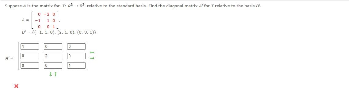 Suppose A is the matrix for T: R3 → R3 relative to the standard basis. Find the diagonal matrix A' for Trelative to the basis B'.
0-2 0
-1 10
0 01
B' = {(1, 1, 0), (2, 1, 0), (0, 0, 1)}
A'=
X
A =
1
0
0
000:
0
0
1
-
다