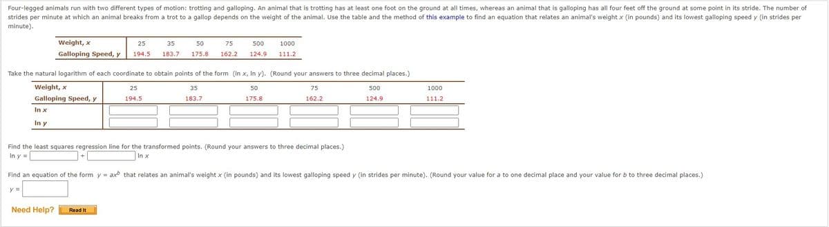 Four-legged animals run with two different types of motion: trotting and galloping. An animal that is trotting has at least one foot on the ground at all times, whereas an animal that is galloping has all four feet off the ground at some point in its stride. The number of
strides per minute at which an animal breaks from a trot to a gallop depends on the weight of the animal. Use the table and the method of this example to find an equation that relates an animal's weight x (in pounds) and its lowest galloping speed y (in strides per
minute).
In y
Weight, x
Galloping Speed, y
25
194.5
Take the natural logarithm of each coordinate to obtain points of the form (In x, In y). (Round your answers to three decimal places.)
Weight, x
Galloping Speed, y
In x
Need Help?
35
50
183.7 175.8
25
194.5
Read It
75
500
1000
162.2 124.9 111.2
35
183.7
50
175.8
Find the least squares regression line for the transformed points. (Round your answers to three decimal places.)
In y =
In x
75
162.2
500
124.9
Find an equation of the form y = axb that relates an animal's weight x (in pounds) and its lowest galloping speed y (in strides per minute). (Round your value for a to one decimal place and your value for b to three decimal places.)
y =
1000
111.2