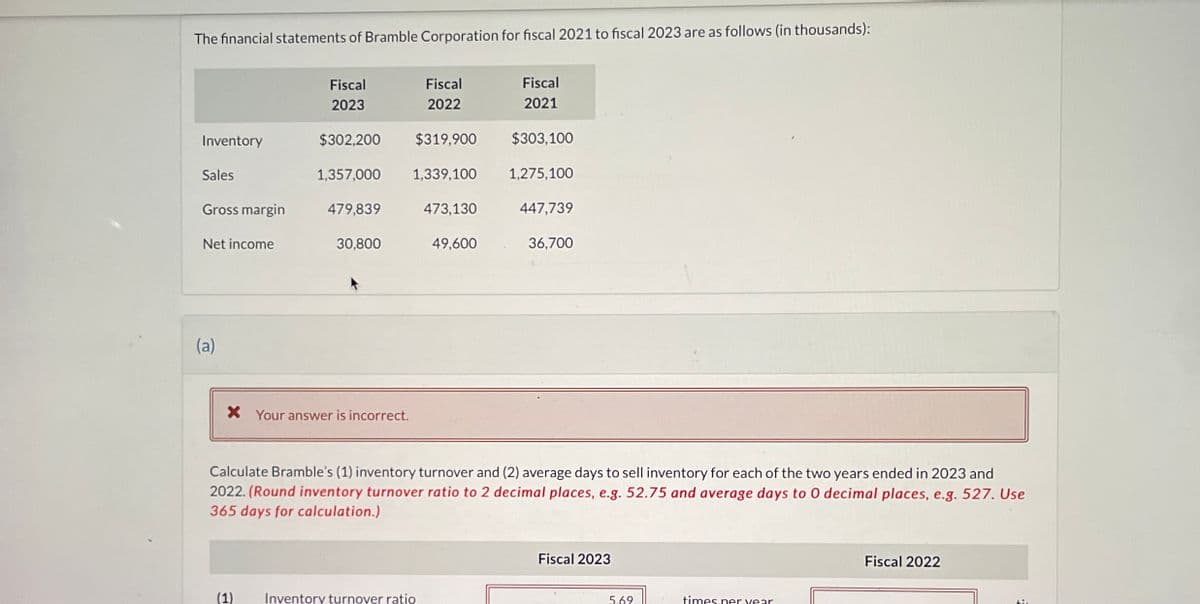 The financial statements of Bramble Corporation for fiscal 2021 to fiscal 2023 are as follows (in thousands):
Fiscal
2023
Fiscal
2022
Fiscal
2021
Inventory
$302,200
$319,900 $303,100
Sales
1,357,000
1,339,100
1,275,100
Gross margin
479,839
473,130
447,739
Net income
30,800
49,600
36,700
(a)
* Your answer is incorrect.
Calculate Bramble's (1) inventory turnover and (2) average days to sell inventory for each of the two years ended in 2023 and
2022. (Round inventory turnover ratio to 2 decimal places, e.g. 52.75 and average days to O decimal places, e.g. 527. Use
365 days for calculation.)
(1) Inventory turnover ratio
Fiscal 2023
5.69
times per year
Fiscal 2022