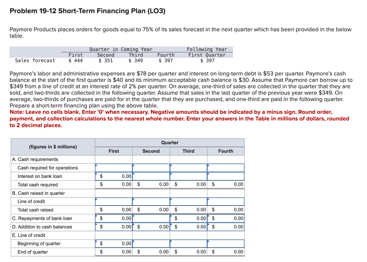 Problem 19-12 Short-Term Financing Plan (LO3)
Paymore Products places orders for goods equal to 75% of its sales forecast in the next quarter which has been provided in the below
table.
Sales forecast
First
$ 444
(figures in $ millions)
A. Cash requirements
Cash required for operations
Interest on bank loan
Paymore's labor and administrative expenses are $78 per quarter and interest on long-term debt is $53 per quarter. Paymore's cash
balance at the start of the first quarter is $40 and its minimum acceptable cash balance is $30. Assume that Paymore can borrow up to
$349 from a line of credit at an interest rate of 2% per quarter. On average, one-third of sales are collected in the quarter that they are
sold, and two-thirds are collected in the following quarter. Assume that sales in the last quarter of the previous year were $349. On
average, two-thirds of purchases are paid for in the quarter that they are purchased, and one-third are paid in the following quarter.
Prepare a short-term financing plan using the above table.
Note: Leave no cells blank. Enter '0' when necessary. Negative amounts should be indicated by a minus sign. Round order,
payment, and collection calculations to the nearest whole number. Enter your answers in the Table in millions of dollars, rounded
to 2 decimal places.
Total cash required
B. Cash raised in quarter
Line of credit
Total cash raised
C. Repayments of bank loan
D. Addition to cash balances
E. Line of credit
Beginning of quarter
End of quarter
Quarter in Coming Year
Second Third
$ 351
$ 349
$
$
$
$
$
$
$
First
0.00
0.00 $
0.00 $
0.00
0.00 $
0.00
0.00
Fourth
$397
$
Second
Quarter
0.00 $
tA
0.00 $
$
0.00 $
Following Year
First Quarter
$ 397
0.00 $
Third
0.00 $
0.00 $
$
0.00
0.00
$
0.00
$
Fourth
0.00
0.00
0.00
0.00
0.00