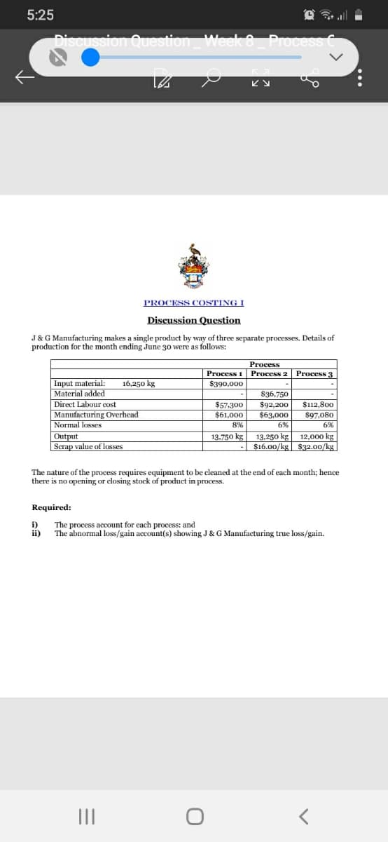 5:25
piscussion Question_Week 8_Process C
PROCESS COSTING I
Discussion Question
J&G Manufacturing makes a single product by way of three separate processes. Details of
production for the month ending June 30 were as follows:
Process
Process 1 Process 2
$390,000
Process 3
Input material:
Material added
Direct Labour cost
Manufacturing Overhead
Normal losses
Output
Scrap value of losses
16,250 kg
$57.300
$61,000
$36,750
$92,200
$63,000
$112,800
$97,080
6%
8%
6%
13,250 kg
$16.00/kg $32.00/kg
13.750 kg
12,000 kg
The nature of the process requires equipment to be cleaned at the end of each month; hence
there is no opening or closing stock of product in process.
Required:
i)
The process account for each process: and
ii)
The abnormal loss/gain account(s) showing J & G Manufacturing true loss/gain.
II
..
